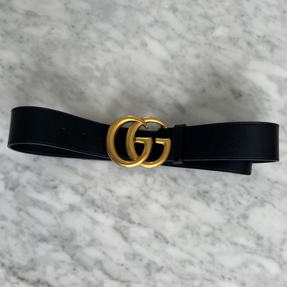 Gucci Black and Gold Leather Belt with Iconic GG Buckle